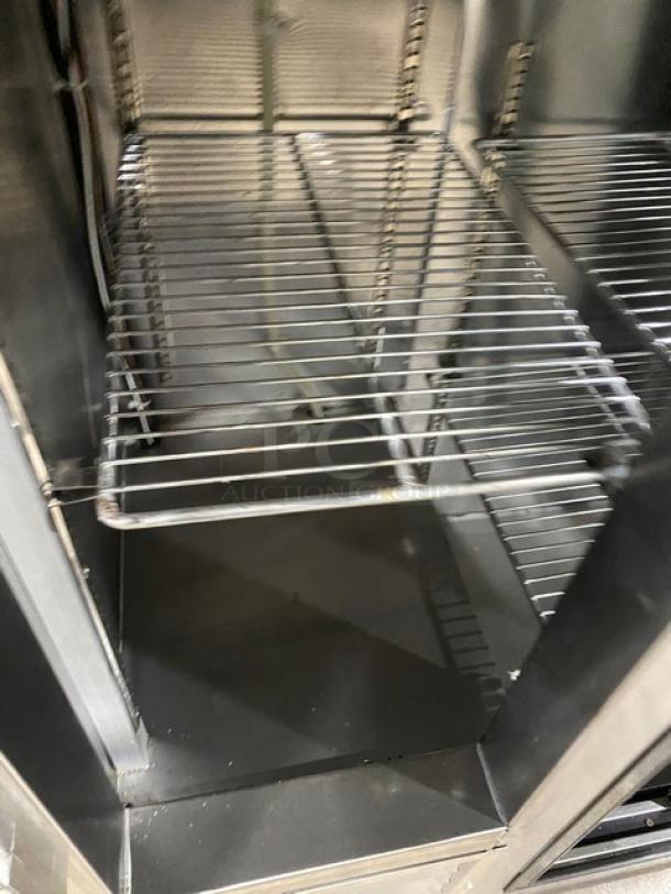 Leader Commercial Stainless Steel 2 Door Refrigerated Worktop Lowboy, Model LB48SC, with glass sliding doors and chrome racks.