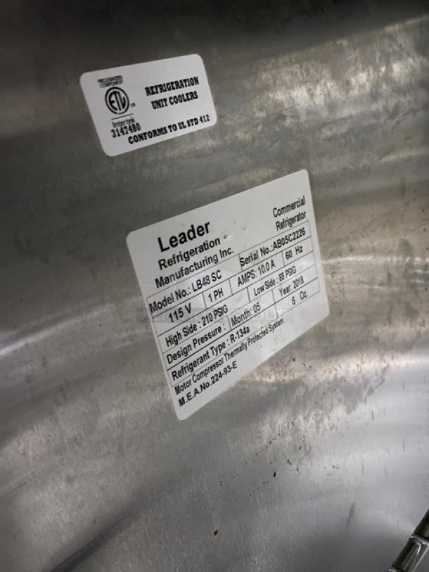 Leader LB48SC stainless steel 2-door refrigerated worktop, glass sliding doors, chrome rack, 115V, model LB48 S/C, SN: AB05C2226.