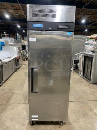 Turbo Air M3 Series stainless steel single door reach-in refrigerator, Energy Star certified, with poly-coated wired rack, on casters.