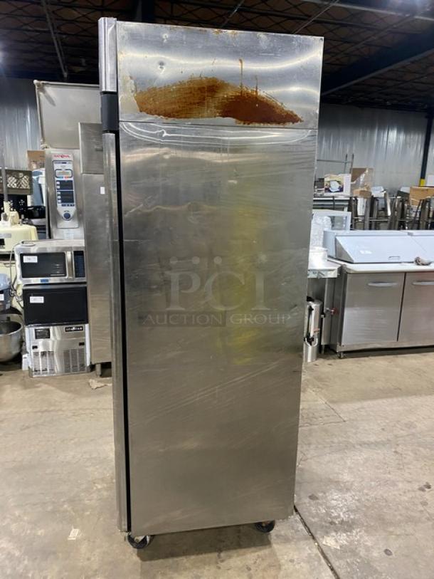 Turbo Air M3 Series stainless steel single door refrigerator on casters, Energy Star Certified, with poly coated wire rack.