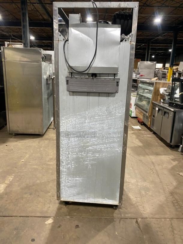 Turbo Air M3 Series single door refrigerator, stainless steel, Energy Star certified, on casters, with poly coated wired rack.