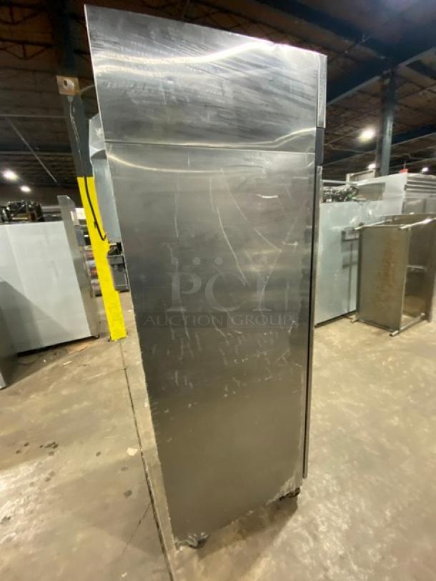 Turbo Air M3 Series stainless steel single door commercial refrigerator on casters, Energy Star certified, with poly-coated rack.
