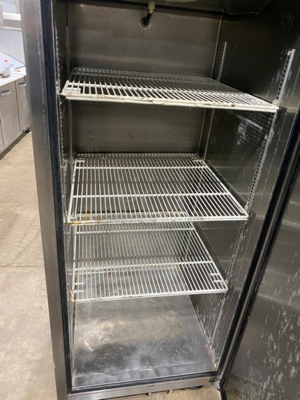 Turbo Air M3 Series stainless steel single door reach-in refrigerator, Energy Star certified, with poly-coated wire racks, on casters.