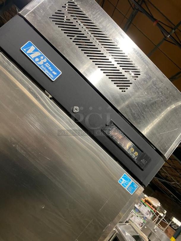 Turbo Air M3 Series stainless steel single door refrigerator, Energy Star certified, with poly coated rack, on casters.