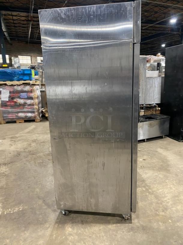Hoshizaki CR2SFS stainless steel 2-door reach-in refrigerator with poly-coated racks on casters, Energy Star certified.