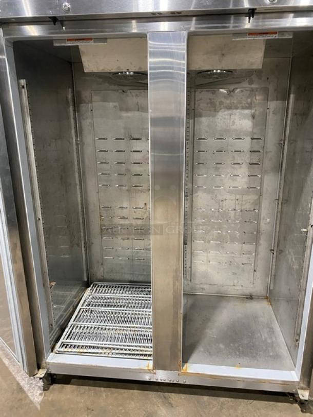 Hoshizaki CR2SFS commercial stainless steel 2-door reach-in refrigerator, energy-efficient, on casters, includes poly-coated rack.