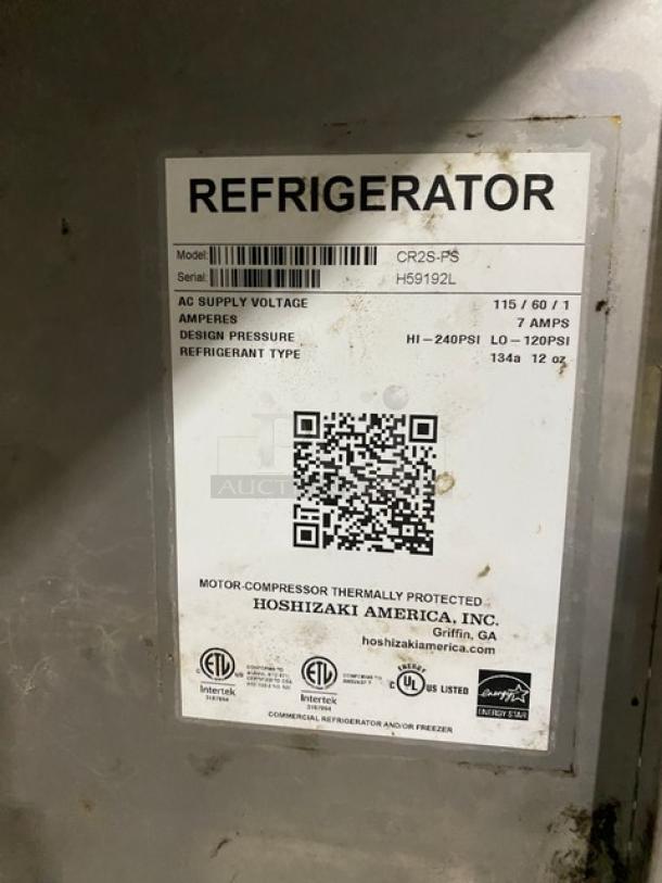 Hoshizaki stainless steel 2-door refrigerator, model CR2S-FS, Energy Star certified, with poly coated wired rack, 115V, on casters.