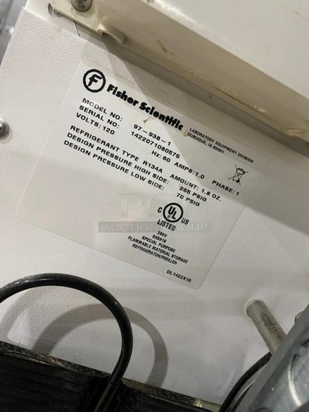 Fisher Scientific undercounter flammable storage unit, model 979381. Includes poly-coated wire rack. Serial: 1422071080575.