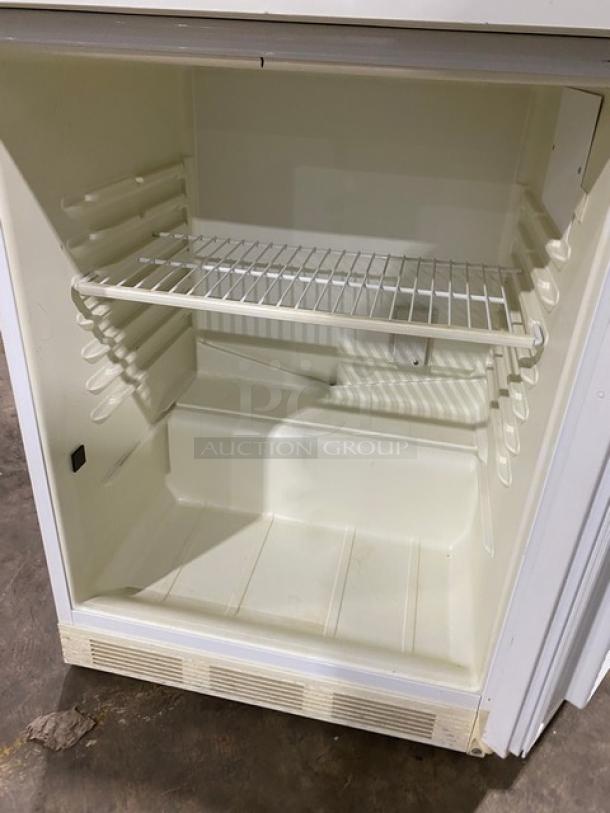 Fisher Scientific undercounter flammable storage unit, model 979381, white, with poly coated wired rack, single door.