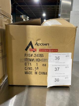 New Adcraft Hyperion3 Series 12 Qt. Aluminum Steamer Basket, Model H3-SB11, in box with item labels visible.