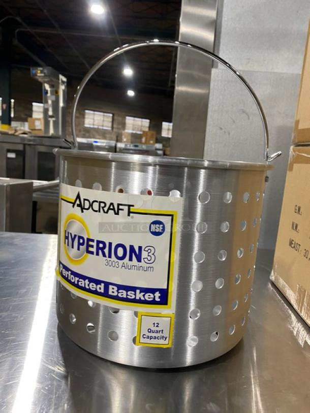 Adcraft Hyperion3 Commercial 12 Qt. Aluminum Steamer Basket, Model H3-SB11, new condition, perforated design.