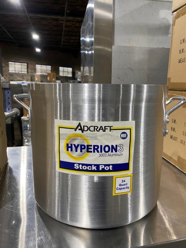 Adcraft Hyperion3 24 Qt. Aluminum Stock Pot, Model H3-SP24, new condition, features riveted handles for durability.