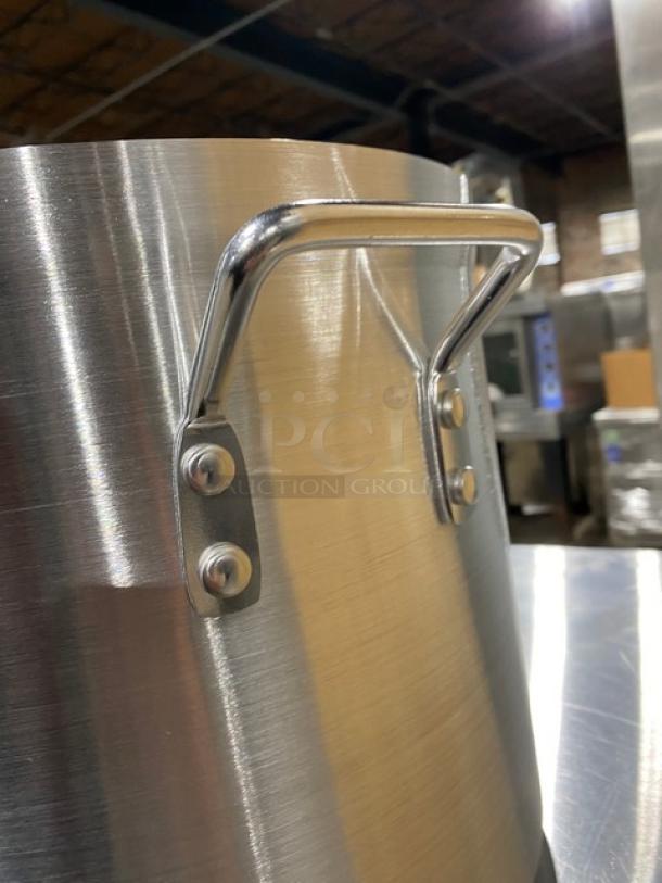 Alt text: Adcraft Hyperion3 Series 24 Qt. aluminum stock pot, model H3SP24, with riveted handles, new condition.