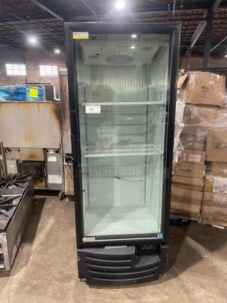 Imbera Elite Series G319 commercial refrigerator, black, single glass swing door, poly coated wired rack, Energy Star certified, model SN: 534130200986, 115V 1 phase, on legs.