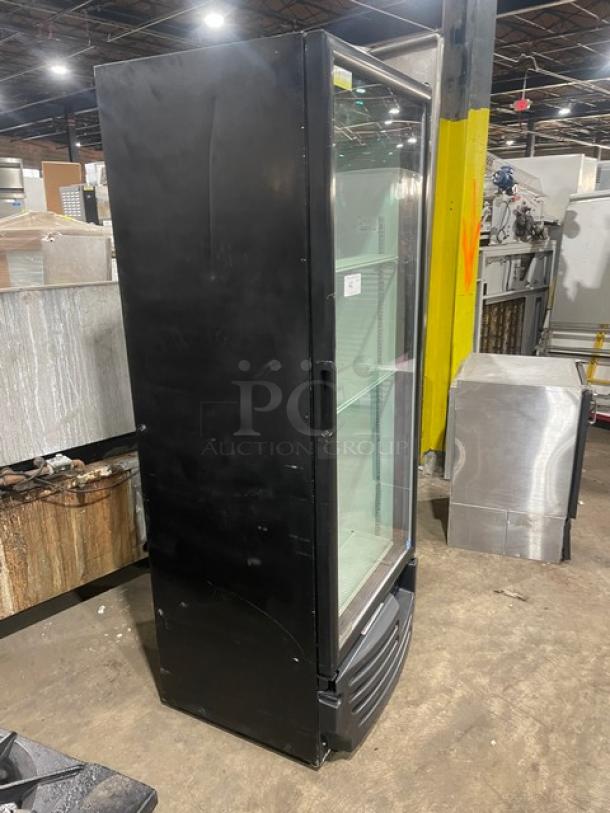 Imbera Elite Series G319 black single glass swing door refrigerator, Energy Star certified, poly-coated wired rack, on legs.