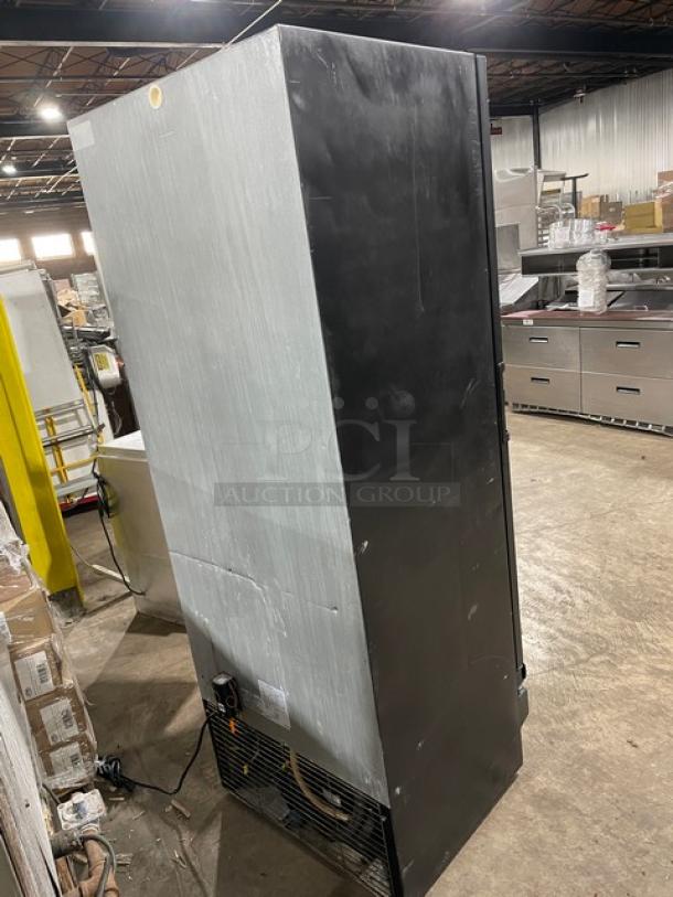 Imbera Elite Series G319 commercial black single glass door refrigerator, Energy Star certified, on legs, poly-coated rack.