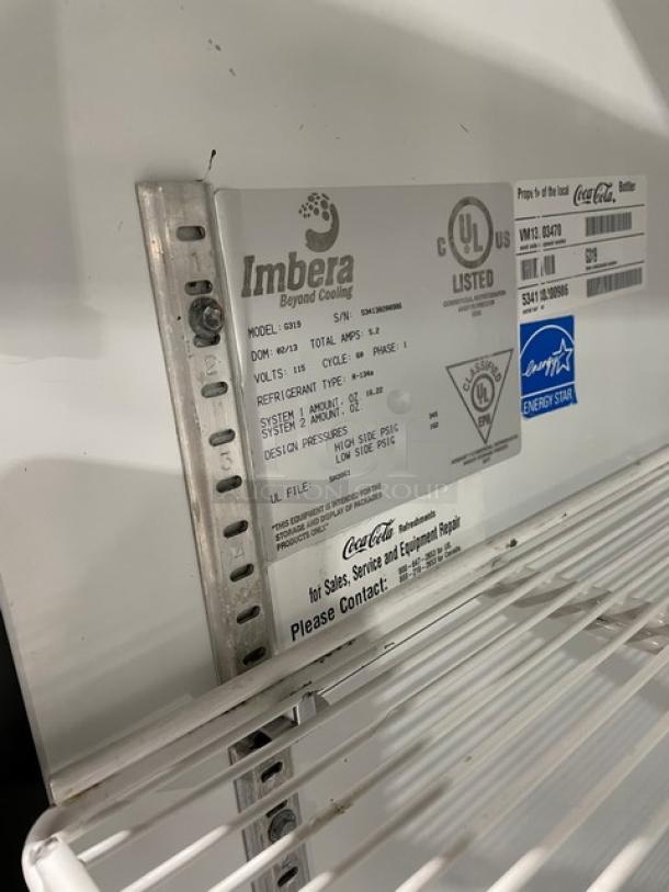 Imbera Elite Series G319 commercial refrigerator label detail showing model, SN: 534130200986, UL and Energy Star certifications.