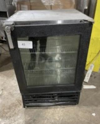 Glastender 2018 model MFV24GNL glass door mug chiller, stainless steel, black powder coat, with poly-coated wire rack.