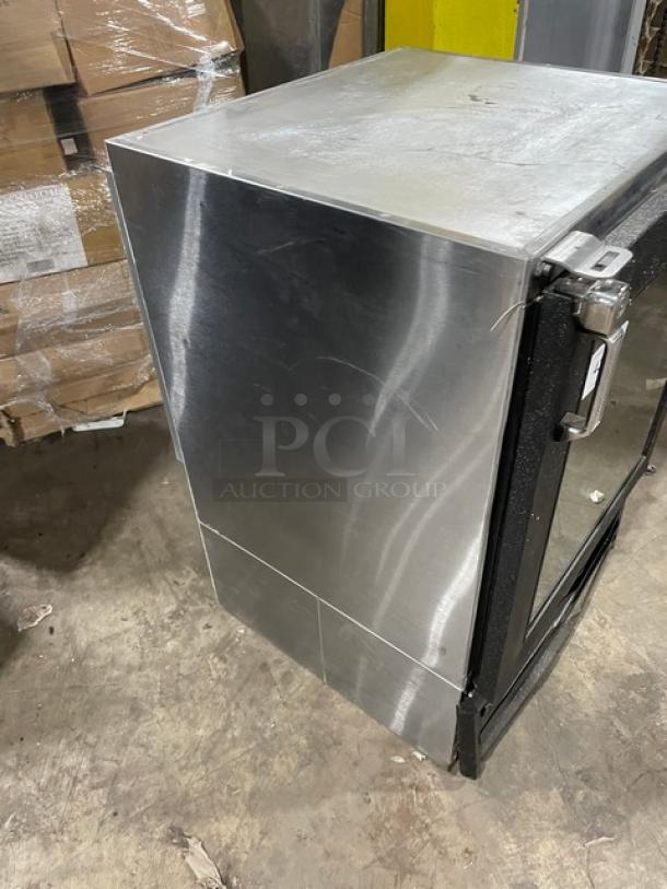 Glastender 2018 stainless steel mug chiller, model MFV24-GN(L) with glass door and poly-coated rack, 120V, commercial use.