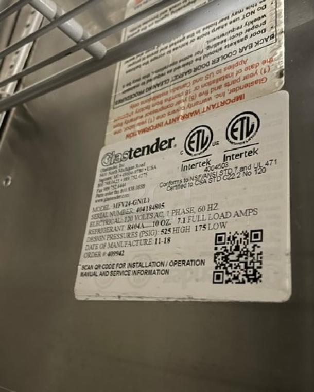 Glastender MFV24-GNL mug chiller, stainless steel, black coated, single glass door, with poly coated rack, model details visible.