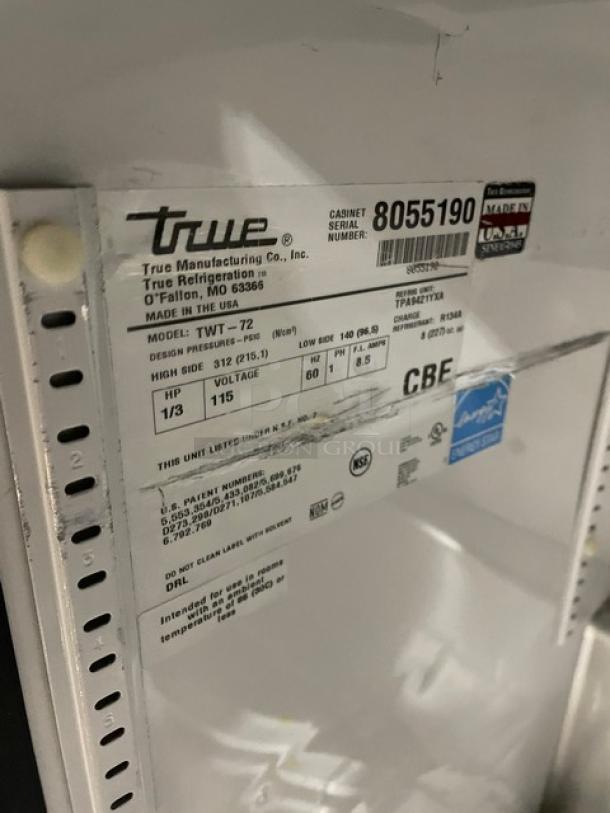True TWT-72 3 Door Worktop Refrigerator, Stainless Steel, Energy Star, Upturned Backsplash, SN: 8055190, 115V, On Casters.