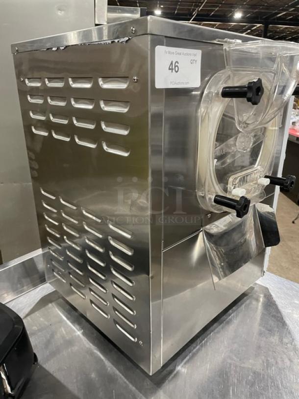 Cooler Depot BQL112Y commercial ice cream batch freezer, stainless steel, electric, countertop model, 110V, on legs.