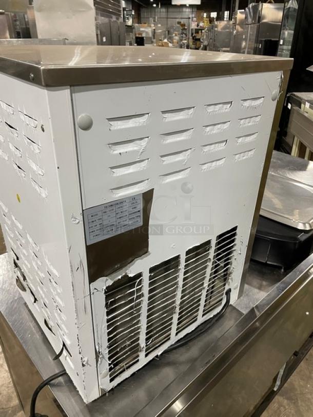 Cooler Depot BQL-112Y countertop ice cream batch freezer, stainless steel, electric-powered, visible wear, model label shown.