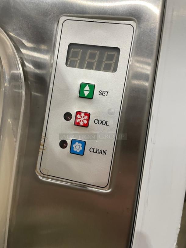 Cooler Depot ice cream batch freezer control panel, model BQL-112Y. Features set, cool, and clean buttons. Stainless steel.