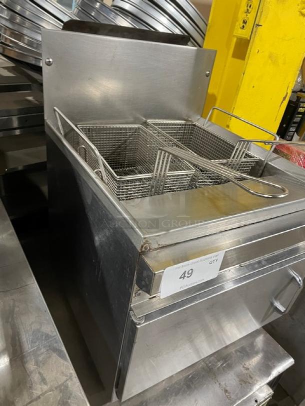 Commercial stainless steel gas-powered countertop deep fryer with backsplash and fry basket, includes item label 49.