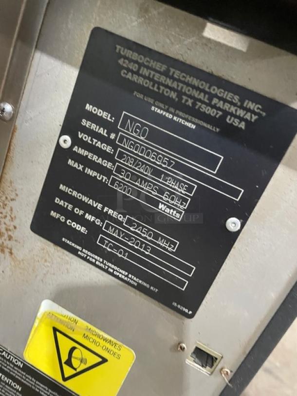 TurboChef Sota Series Commercial Oven, Model NGO, Serial NGOD06957, 208/240V, 1 Phase, with digital controls.