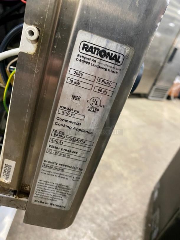 Rational SCC61 stainless steel commercial combi convection oven label, showing 208V, 10 kW, 3-phase specs. Made in Germany.