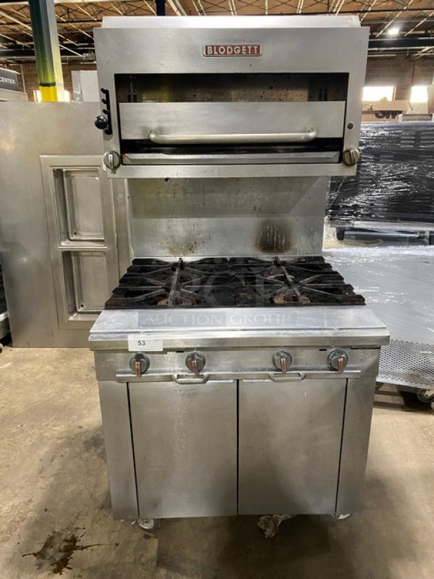Blodgett stainless steel 4-burner range/deck oven combo, model B36C-XX, on casters, with storage & backsplash.