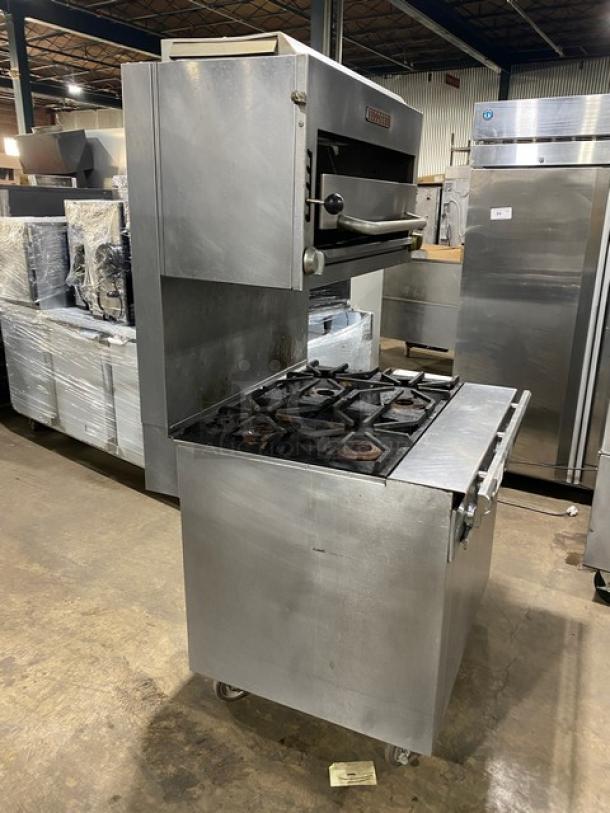 Blodgett stainless steel 4-burner range/deck oven combo, model B36C-XX, natural gas, undercounter storage, on casters.
