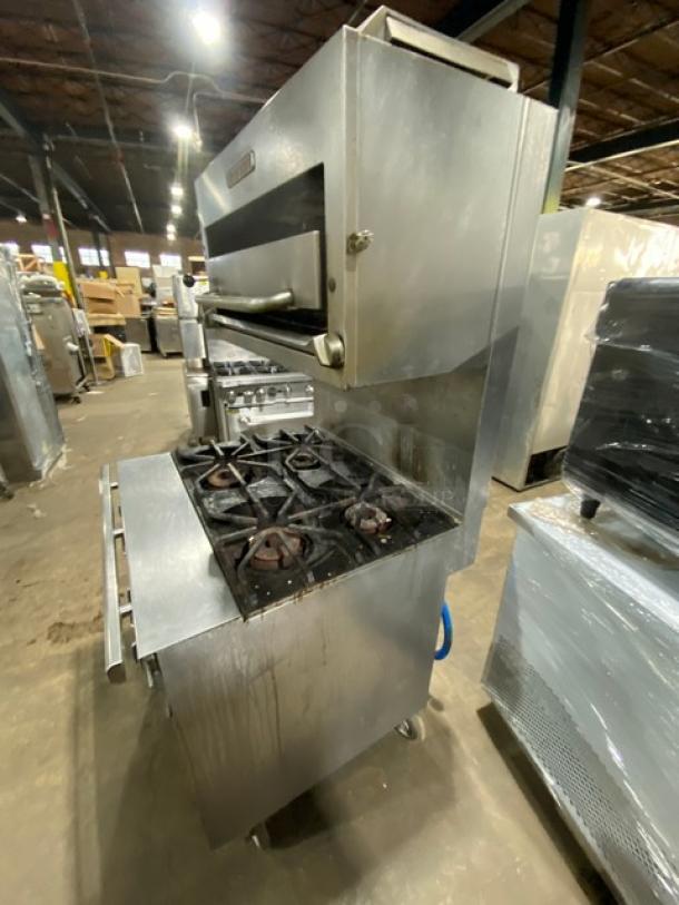 Blodgett stainless steel 4-burner gas range/deck oven combo, Model B36C-XX, with undercounter storage, backsplash, and casters.