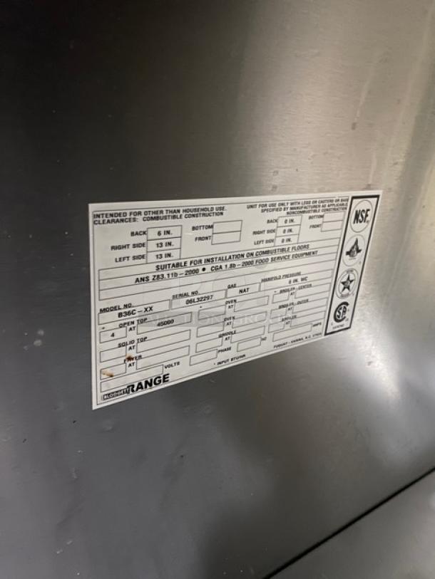 Blodgett Commercial Range/Deck Oven Combo Model B36C-XX, SN: 06L32297, stainless steel, natural gas, on casters, with label.