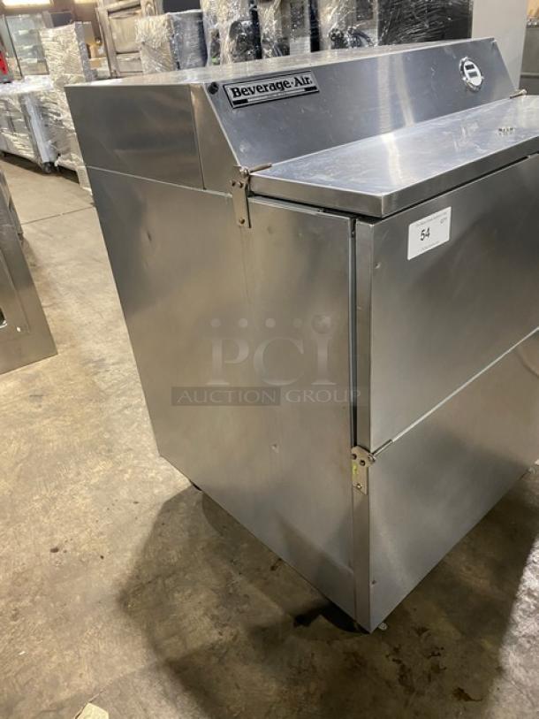 Beverage-Air SMF34 stainless steel milk cooler on casters. Electric-powered, single-access door, model SMF34, SN: 5705447.
