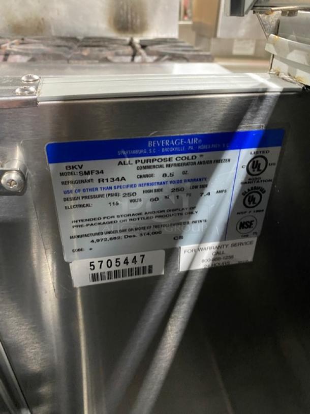 Beverage-Air SMF34 stainless steel milk cooler with label, 115V, single-access, on casters, SN: 5705447, uses R134A.