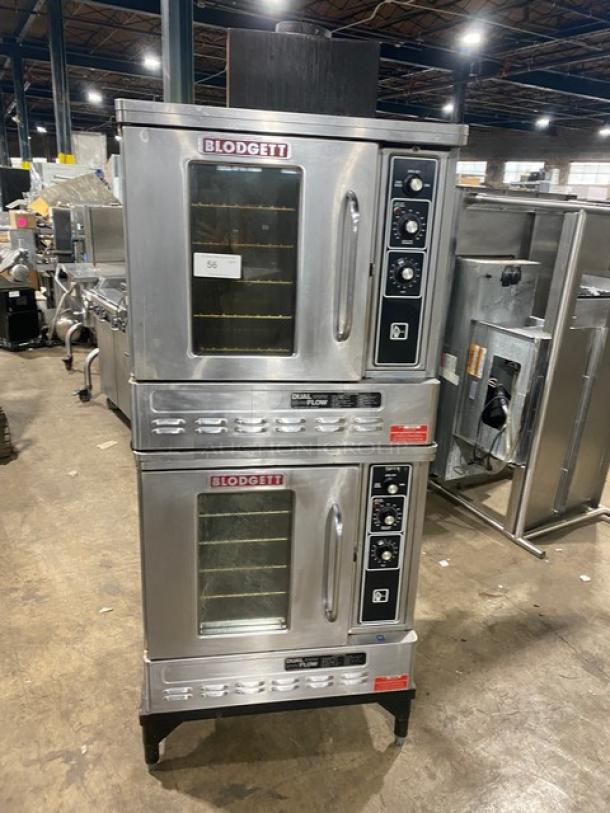 Blodgett Dual-Flow stainless steel double-stacked gas convection oven with solid state thermostat, wired rack, on legs.