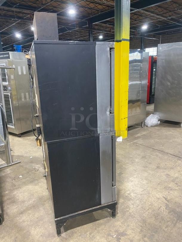 Blodgett Dual-Flow Series commercial stainless steel double stacked convection oven, solid state thermostat, wired rack, on legs.