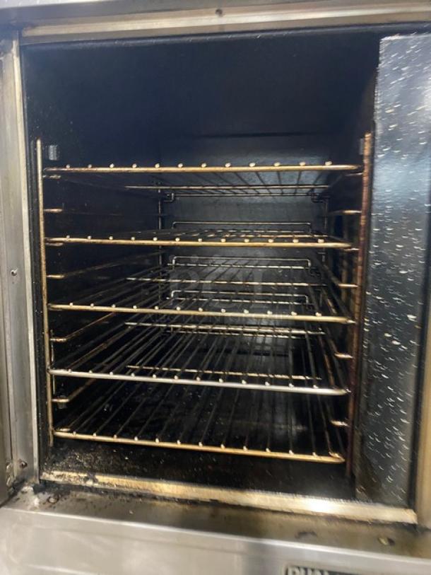 Blodgett Dual-Flow Series gas convection oven, double stacked, stainless steel, with solid state thermostat, wired rack included.