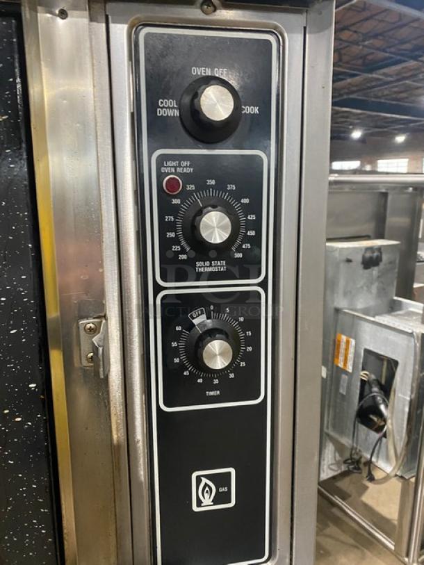 Blodgett Dual-Flow Series gas convection oven control panel with solid state thermostat and timer, stainless steel finish.