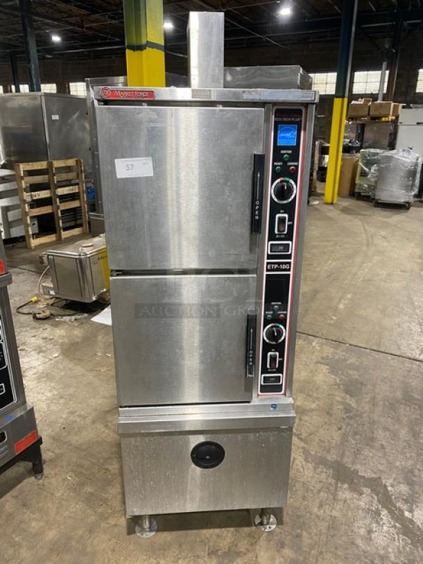 Market Forge ETP10G dual compartment convection steamer, stainless steel, 10-pan, natural gas, Energy Star, 120V 1 phase.