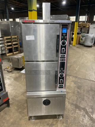 Market Forge ETP10G dual compartment convection steamer, stainless steel, 10-pan, natural gas, Energy Star, 120V 1 phase.