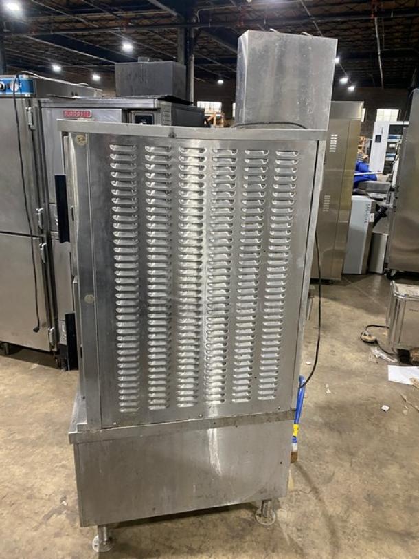 Market Forge ETP-10G stainless steel convection steamer, dual compartment, 10-pan capacity, natural gas, Energy Star certified, on legs.