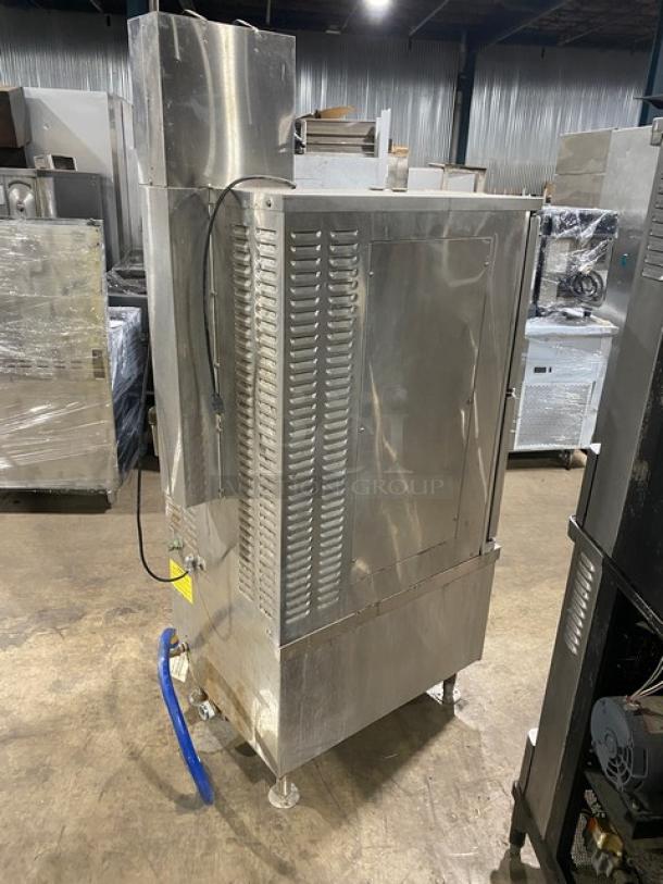 Market Forge Eco-Tech Plus stainless steel dual compartment 10-pan convection steamer. Model ETP10G, Energy Star certified.