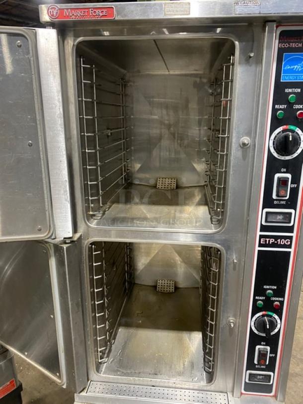Market Forge ETP-10G stainless steel convection steamer, dual compartment, 10-pan capacity, natural gas, Energy Star certified.