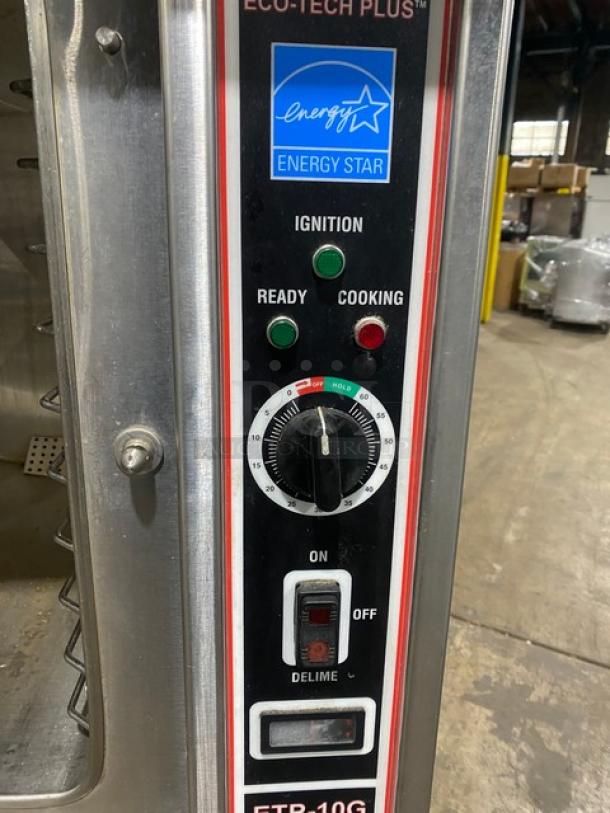 Market Forge ETP10G Eco-Tech Plus dual compartment convection steamer, Energy Star certified, stainless steel, model ETP-10G with individual controls, ignition and cooking indicators, serial number 83935-8GG-3673, used condition.