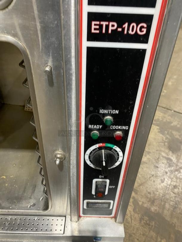 Market Forge ETP-10G stainless steel dual compartment 10-pan convection steamer with individual controls and Energy Star certification.