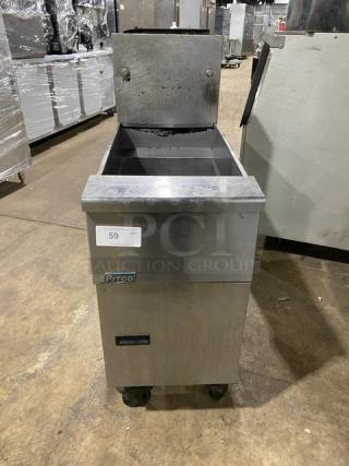 Pitco SG14S commercial stainless steel natural gas fryer, 40 lb. capacity, with back splash and casters.
