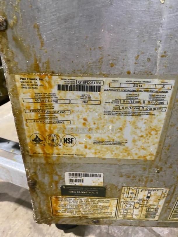 Pitco SG14S commercial stainless steel natural gas fryer, 40 lb capacity, with back splash, on casters. Model SG14-S, SN G16FD051768. Marked NSF.